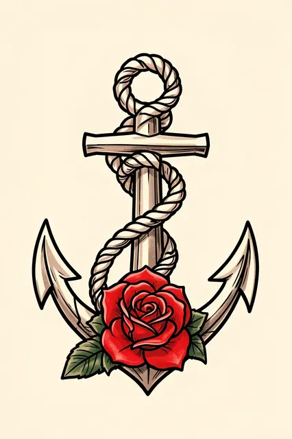 Bold traditional tattoo illustration of an anchor wrapped in rope with a red rose at its base on cream background