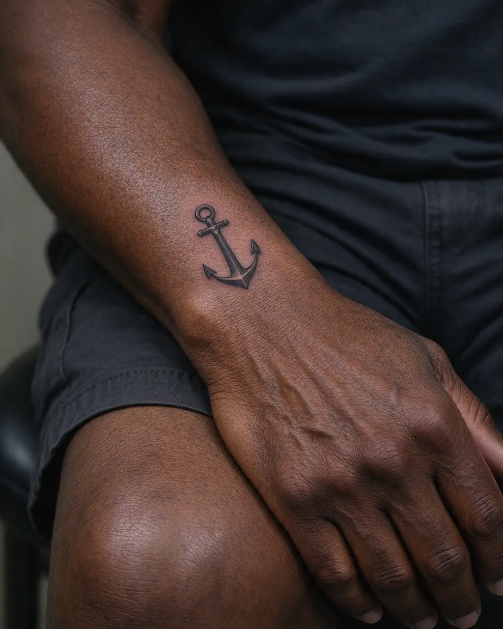 Close-up of a small anchor tattoo on the inner wrist of a Black man resting his hand on his knee