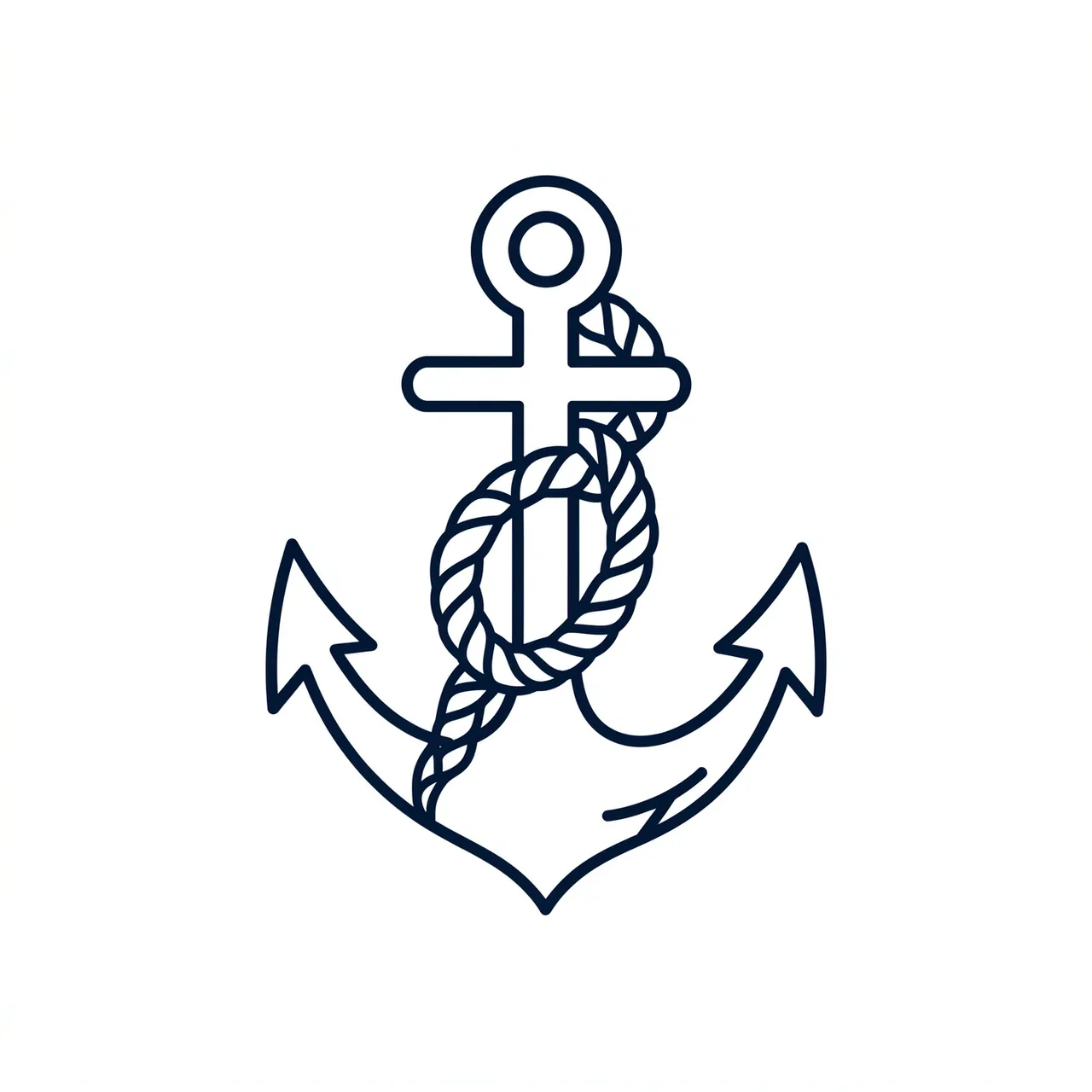A clean navy line icon of a nautical anchor wrapped in coiled rope on a plain white background