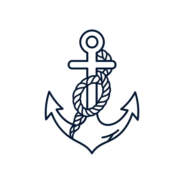 A clean navy line icon of a nautical anchor wrapped in coiled rope on a plain white background