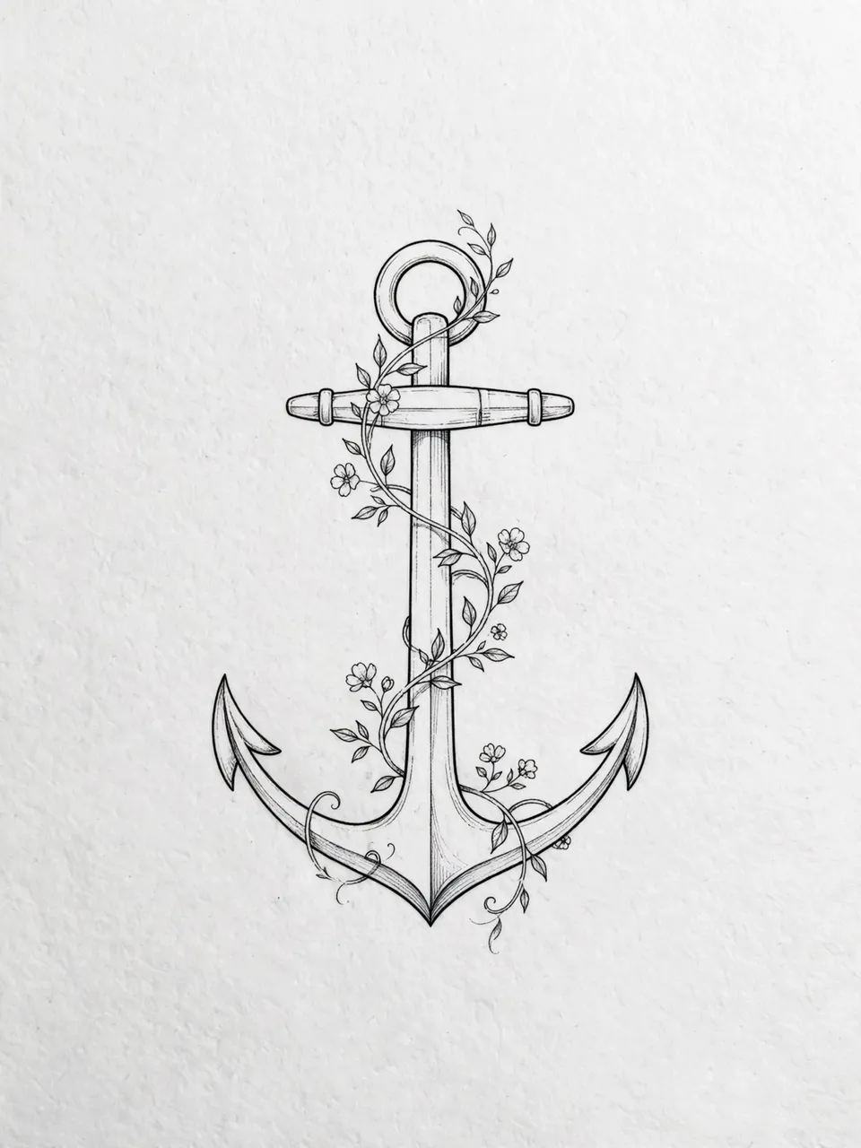 Fine line black ink drawing of an anchor wrapped in a flowering vine on light textured paper