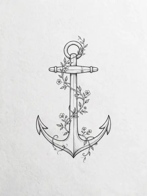 Fine line black ink drawing of an anchor wrapped in a flowering vine on light textured paper