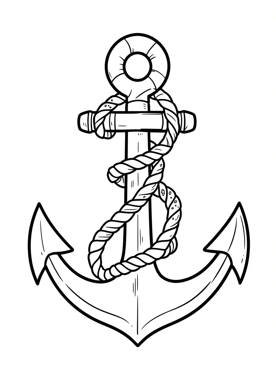 Simple bold black line drawing of a nautical anchor wrapped in rope on a plain white background