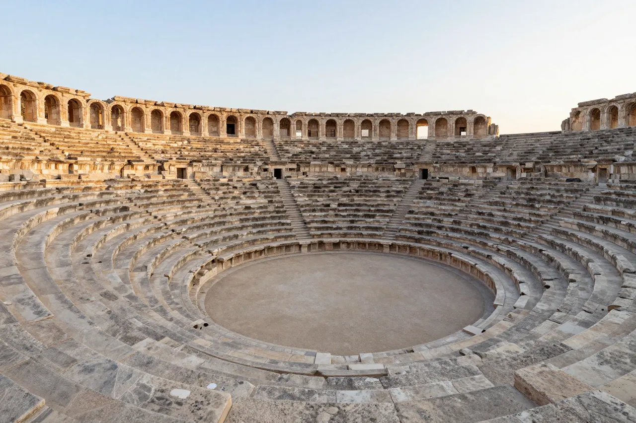 Tiered stone seats of an ancient amphitheater glow in warm light under a pale sunset sky