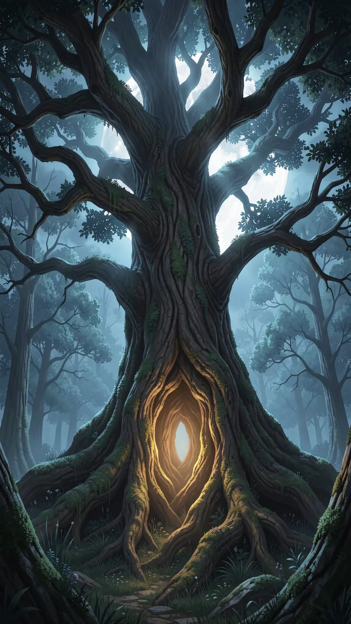 A giant gnarled ancient tree with a glowing hollow stands in a misty moonlit fantasy forest