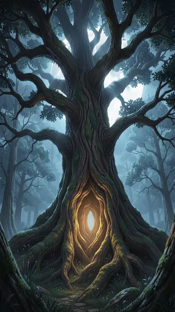 A giant gnarled ancient tree with a glowing hollow stands in a misty moonlit fantasy forest