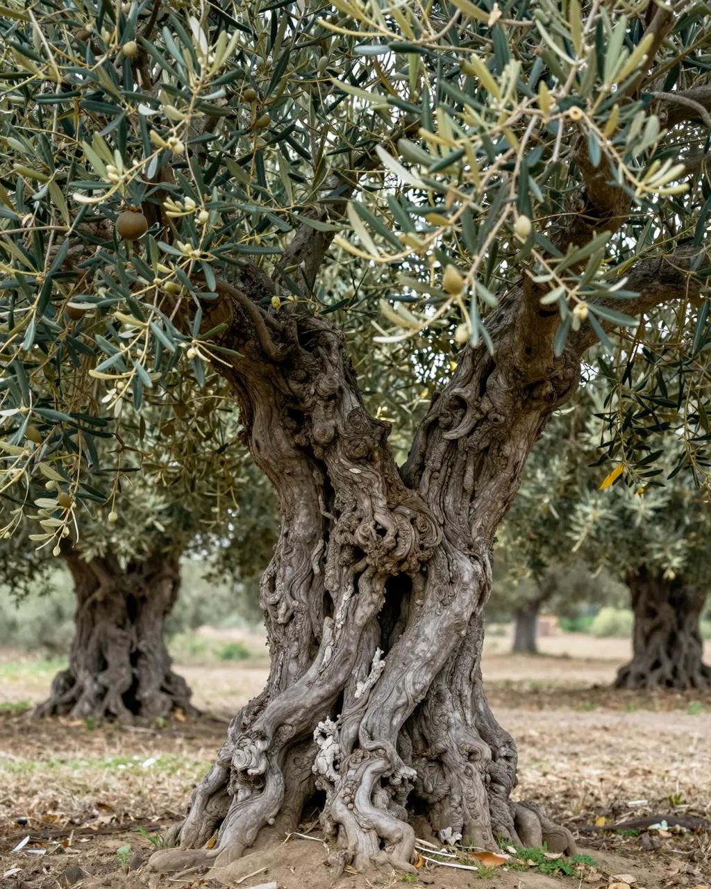 Twisted ancient olive tree with ripening fruit stands in an olive orchard under soft diffused light