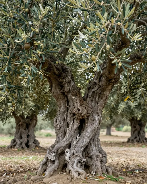Twisted ancient olive tree with ripening fruit stands in an olive orchard under soft diffused light