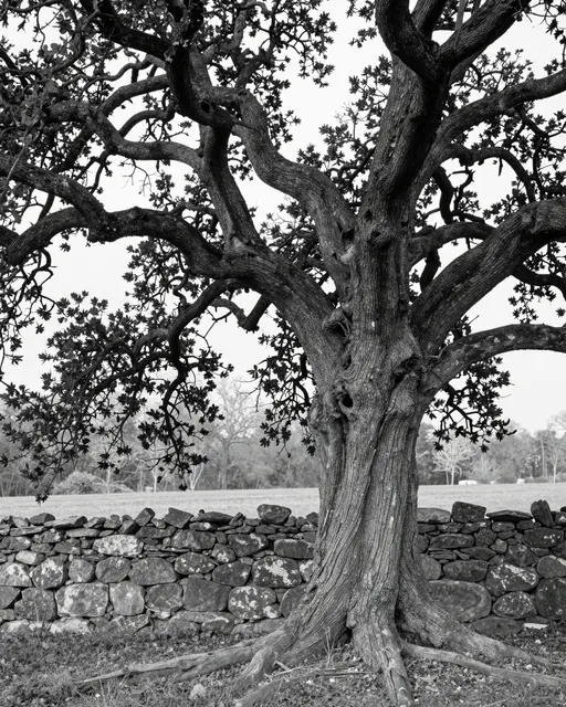 Black and white view of a gnarled old oak tree standing beside a stacked dry stone wall in open countryside.