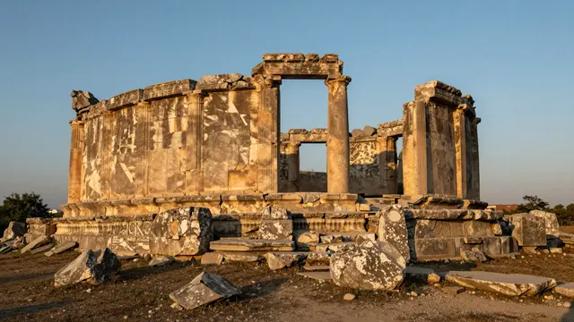 Weathered ancient stone ruins on a hill bathed in warm golden hour light under a clear pale blue sky