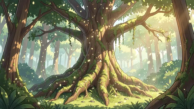 Anime-style illustration of a moss-covered giant ancient tree in a sun dappled forest clearing with glowing drifting pollen