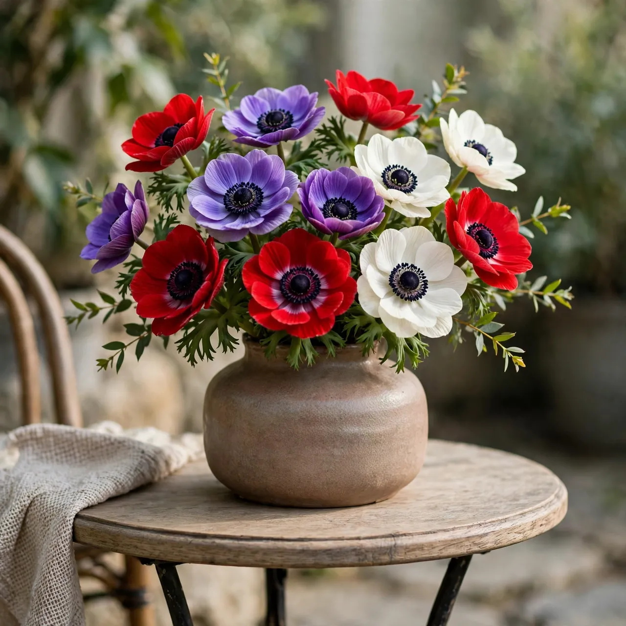 Red, purple and white anemone flowers fill a squat ceramic vase resting on a small round bistro table outdoors.