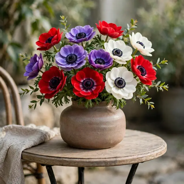 Red, purple and white anemone flowers fill a squat ceramic vase resting on a small round bistro table outdoors.