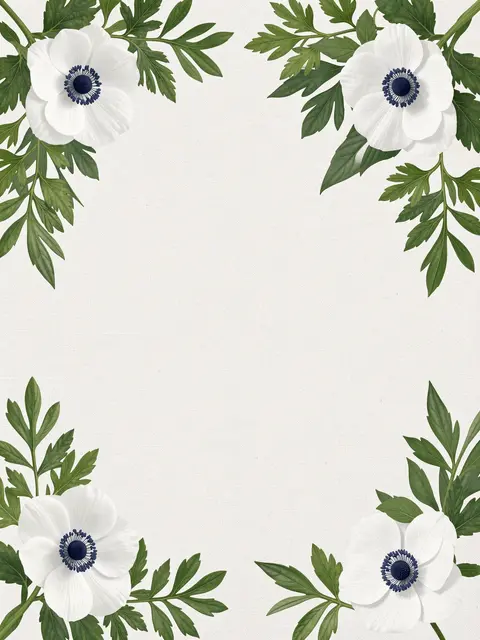 White anemone flowers and green foliage frame a blank textured off-white cotton paper background.