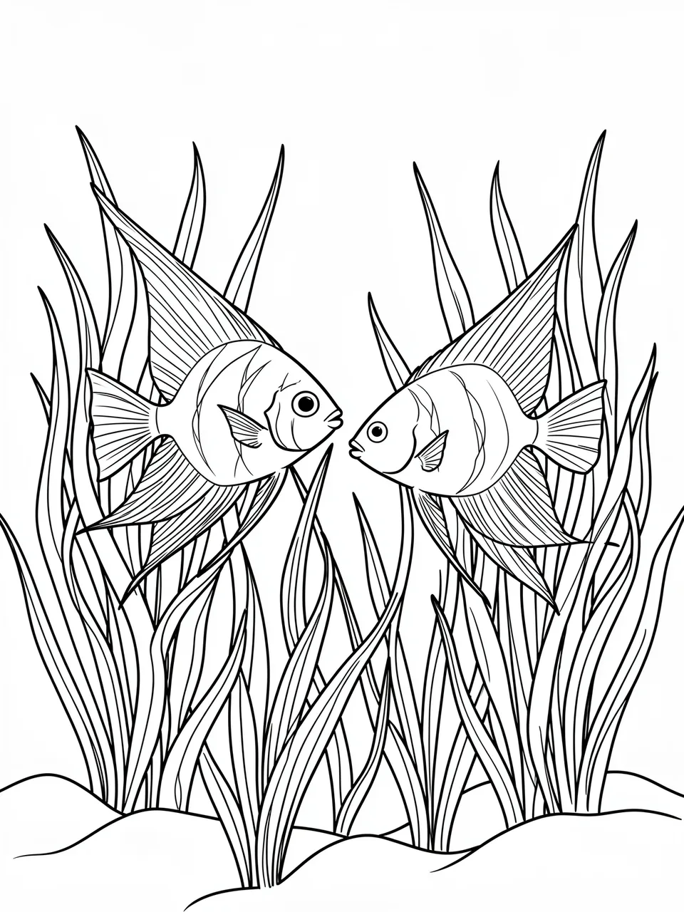 Black and white line art of two facing angelfish swimming among sea grass on a white background