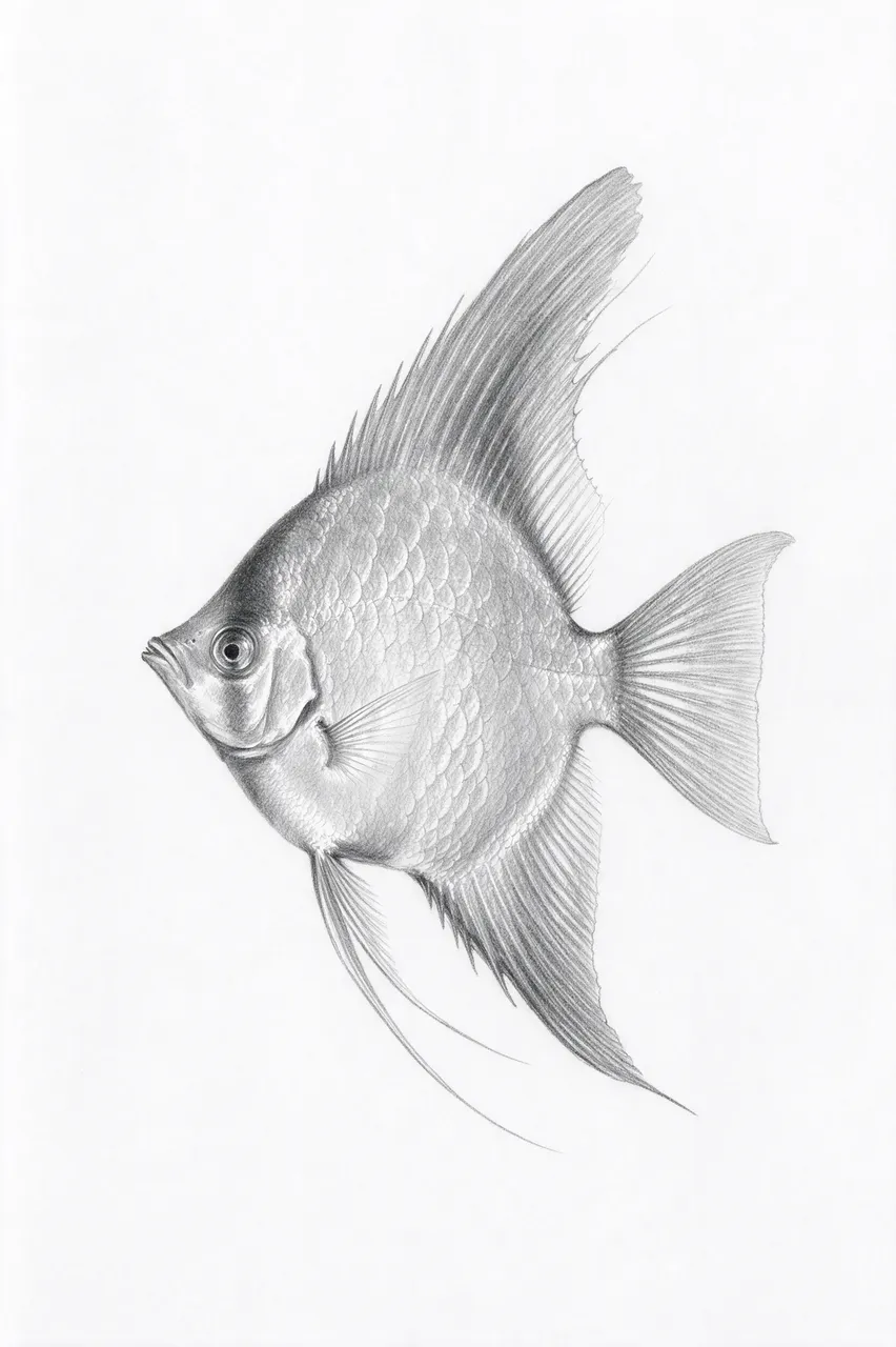 Detailed graphite pencil side view sketch of an angelfish on plain white paper
