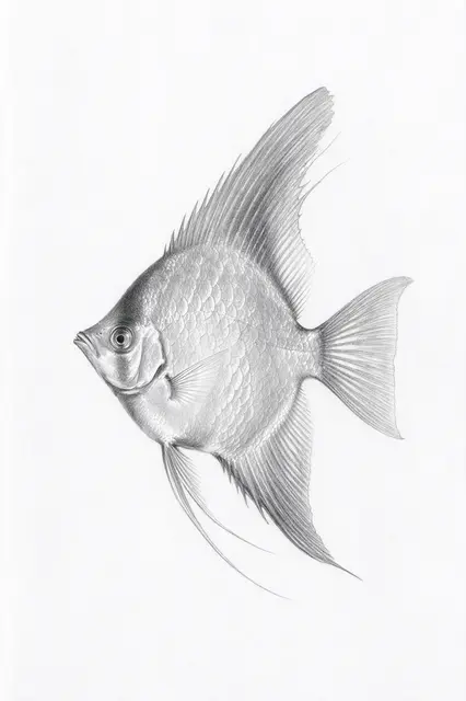 Detailed graphite pencil side view sketch of an angelfish on plain white paper