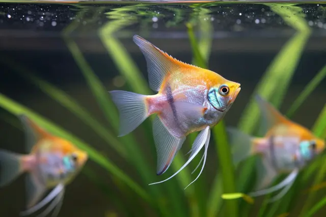 A sharp central angelfish and two softly focused angelfish swim among tall aquatic plants in a planted aquarium.
