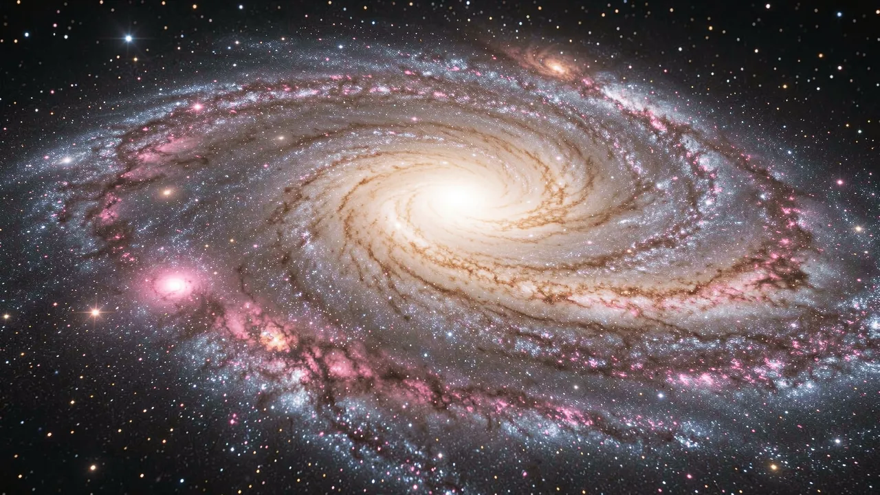 A tilted spiral galaxy with glowing pink star-forming nebulae set against a dark starry space background