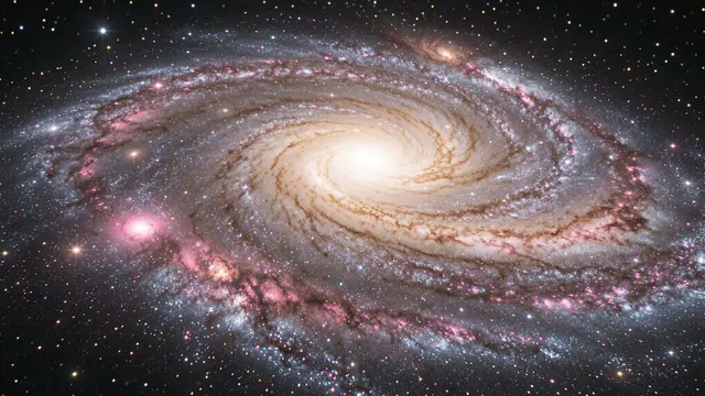 A tilted spiral galaxy with glowing pink star-forming nebulae set against a dark starry space background