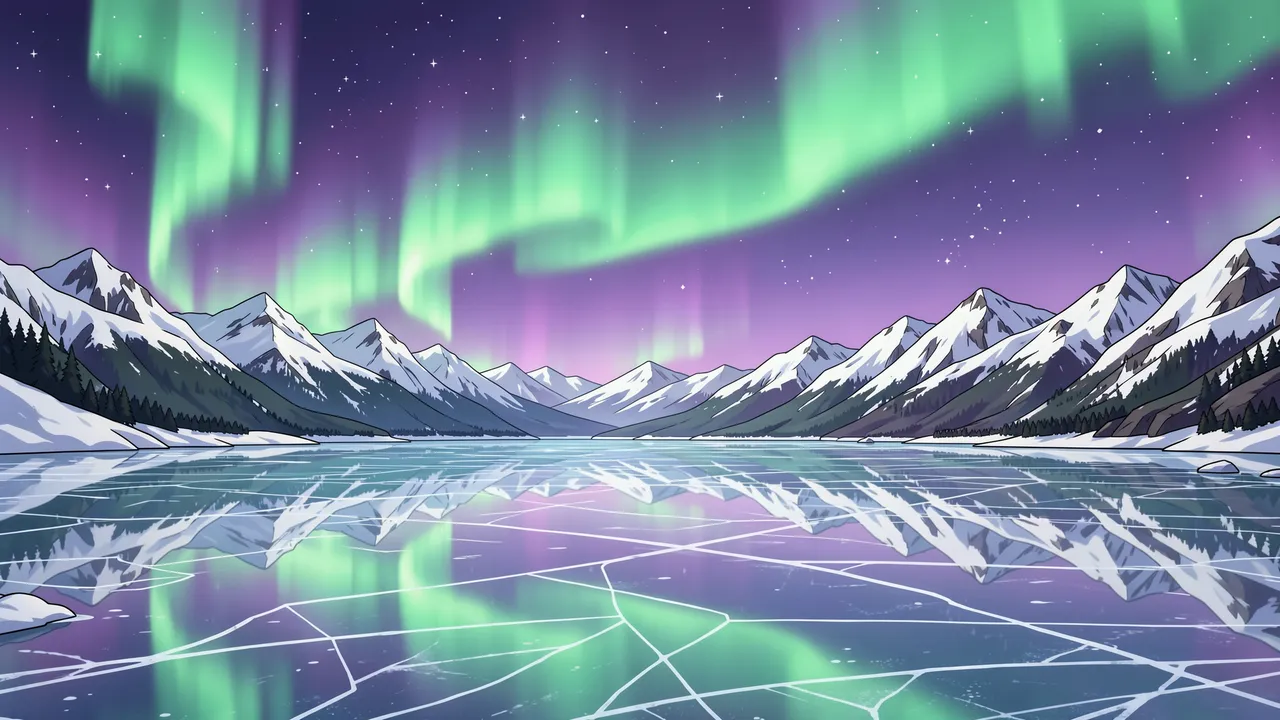Anime-style illustration of green and purple aurora over snow-covered mountains reflected in a cracked frozen lake