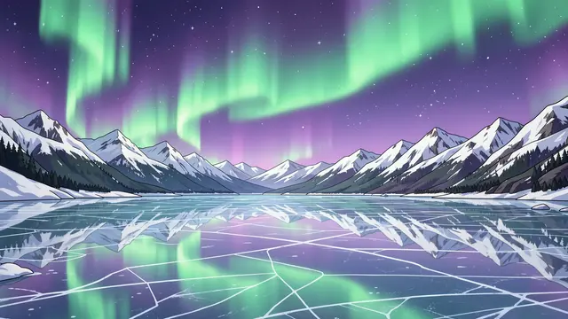 Anime-style illustration of green and purple aurora over snow-covered mountains reflected in a cracked frozen lake
