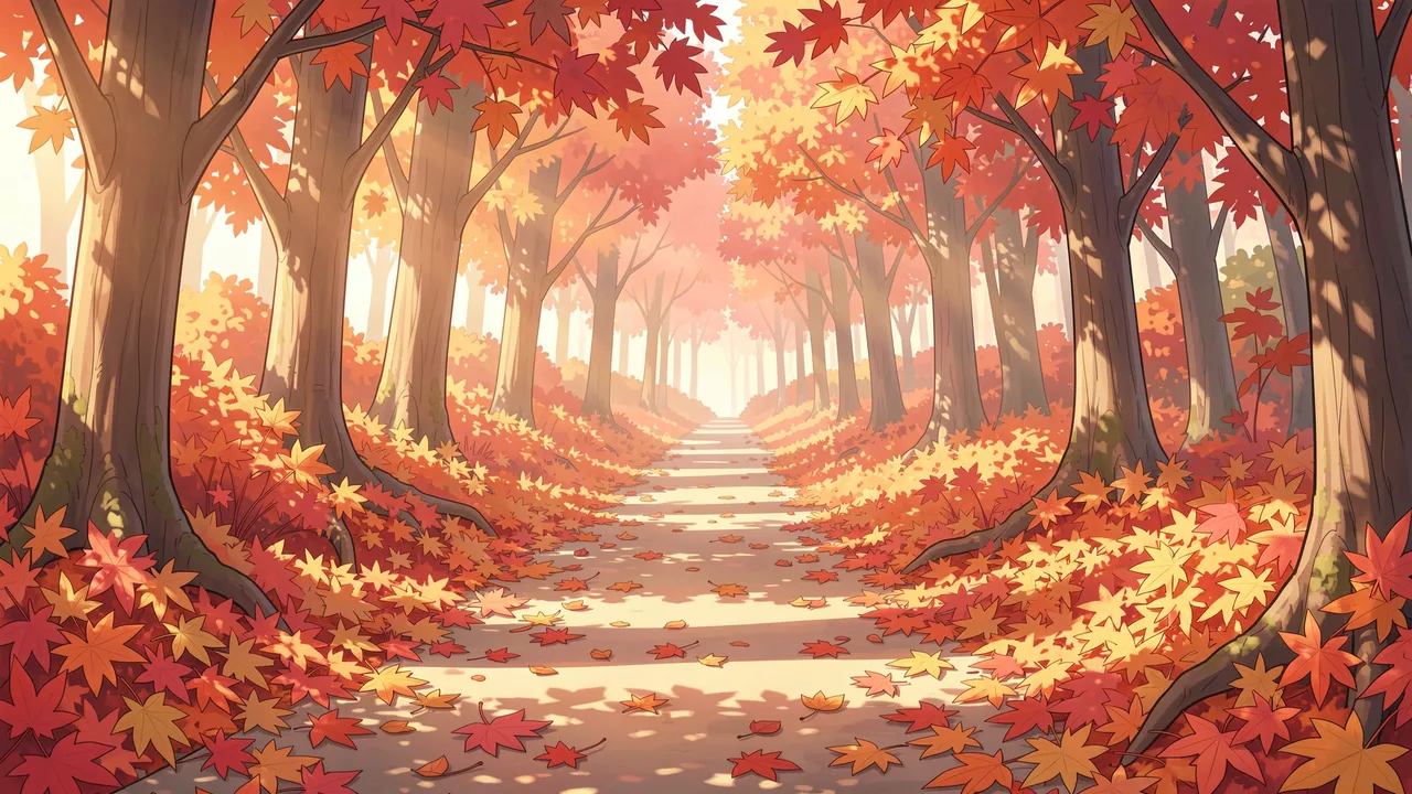 Sunlit forest path lined with maple trees, carpeted in red and orange fall leaves in soft afternoon light