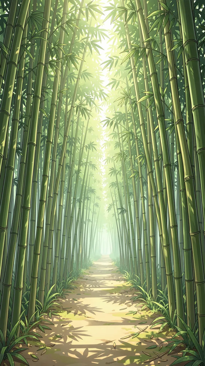 Sun-dappled dirt path winds through a tall dense bamboo grove in anime illustration style