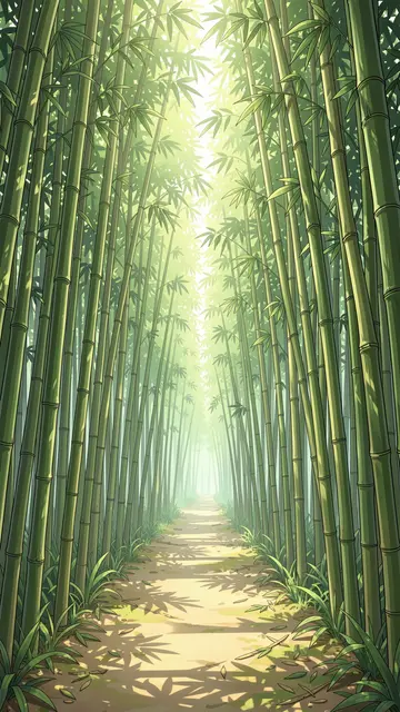 Sun-dappled dirt path winds through a tall dense bamboo grove in anime illustration style