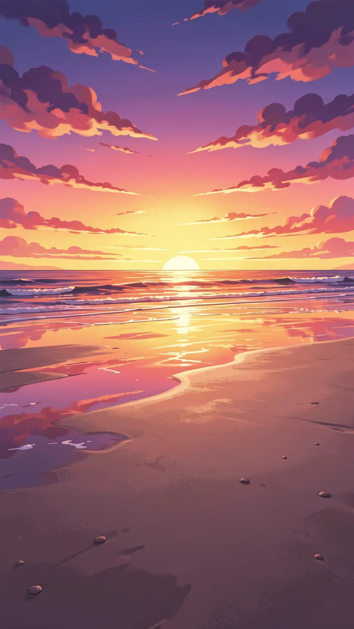 Vibrant anime-style sunset reflects across wet sand on an empty wide quiet beach