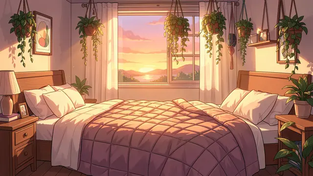 Warm sunset light fills a cozy plant-filled bedroom with a quilted double bed and hanging houseplants.