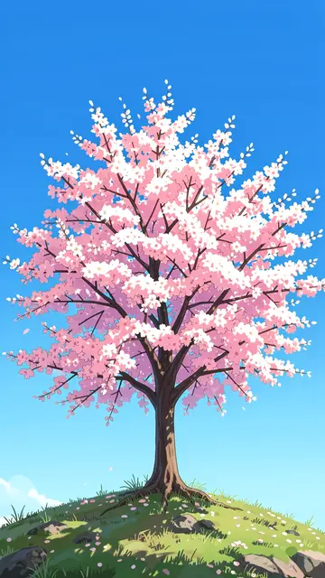 A single blooming cherry tree stands on a grassy hill under a bright clear blue sky in anime illustration style
