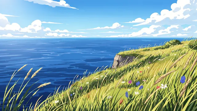 Sunny anime-style illustration of windswept clifftop wildflowers above a deep blue ocean under bright clouds