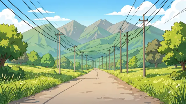 Anime-style illustration of an empty dirt country lane lined with power poles leading to green summer mountains