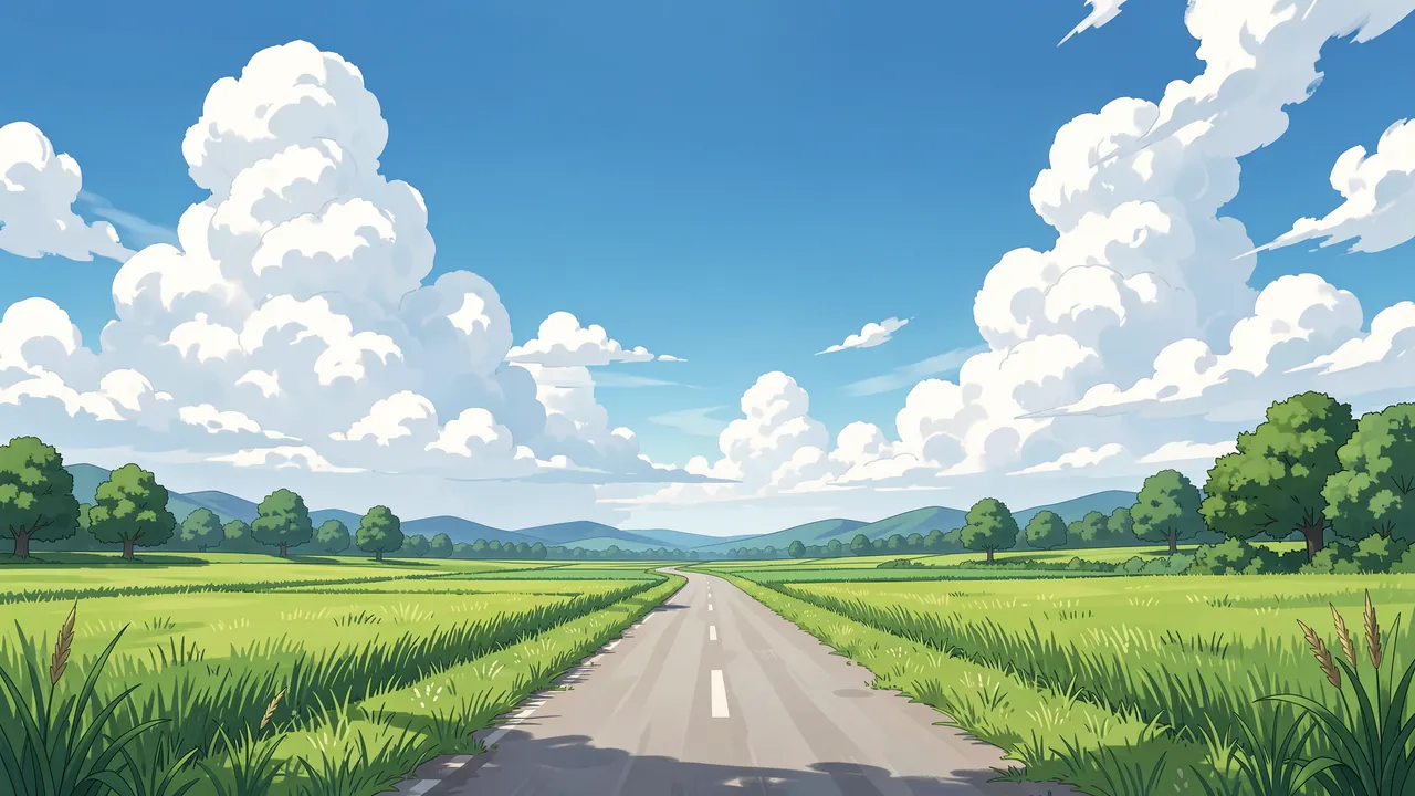 A quiet paved countryside road stretches through green fields beneath towering fluffy summer clouds in bright anime