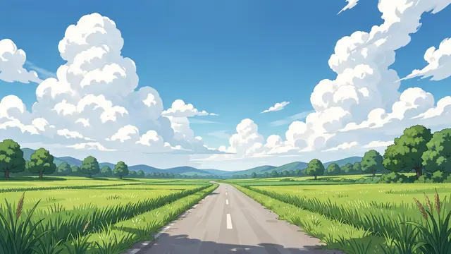 A quiet paved countryside road stretches through green fields beneath towering fluffy summer clouds in bright anime