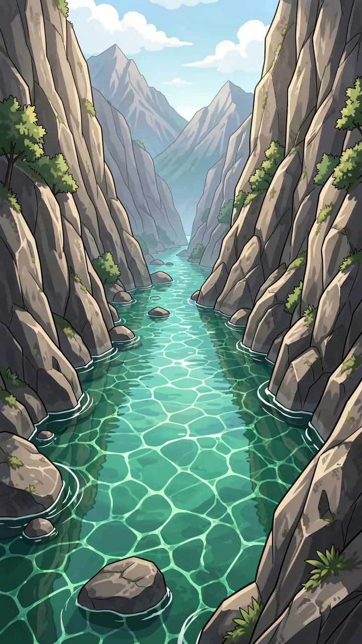Vertical anime illustration of a clear emerald river winding between steep rocky mountain gorge walls.