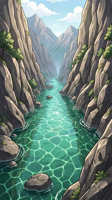 Vertical anime illustration of a clear emerald river winding between steep rocky mountain gorge walls.