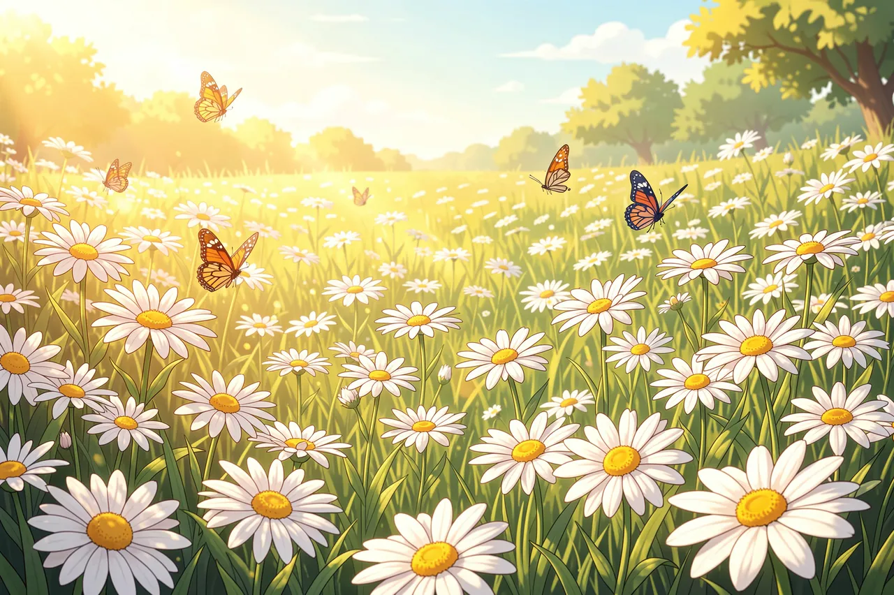 Warm afternoon sunlight falls over a sunlit meadow full of white daisies with butterflies fluttering above the flowers
