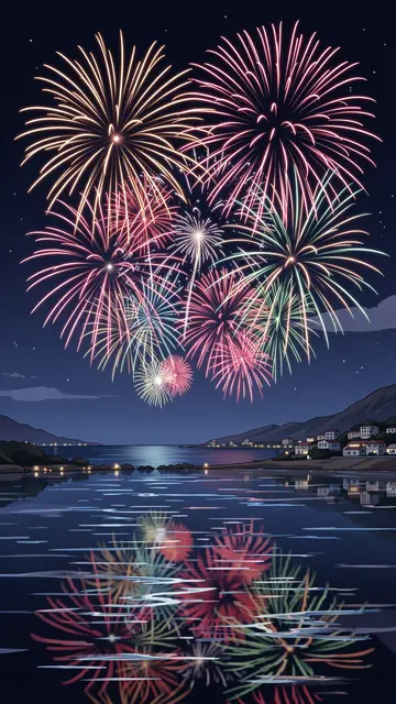 Colorful fireworks burst over a dark night bay, with their reflections rippling on calm water beside a small coastal town.