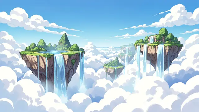 Anime style illustration of floating grassy islands with waterfalls spilling into a vast sea of fluffy white clouds under a