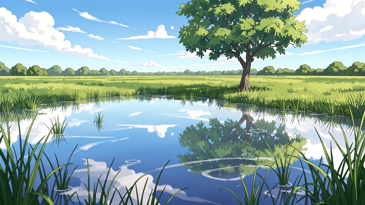 A calm flooded meadow reflects the bright sky and a single lush tree in anime illustration style