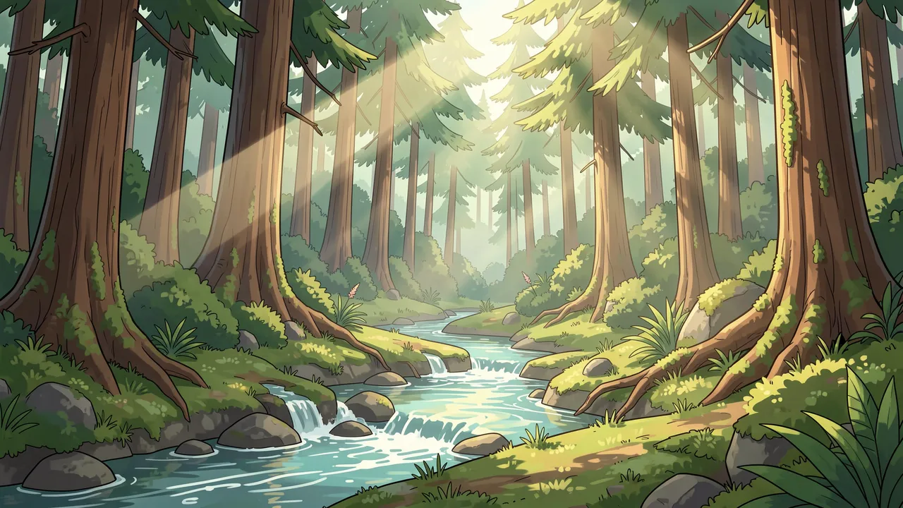 Anime style illustration of a mossy forest stream with sunbeams filtering through tall cedar trees.