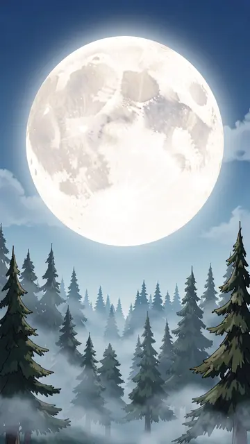 A giant glowing full moon hangs above a misty pine forest in anime illustration style