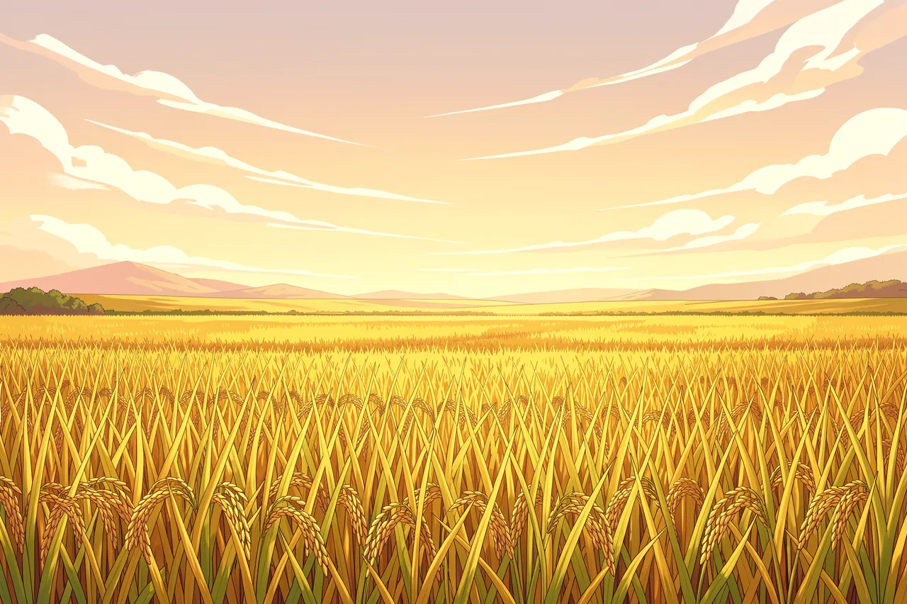 Anime-style illustration of ripe golden rice fields stretching under a soft pale autumn sky with wispy clouds.