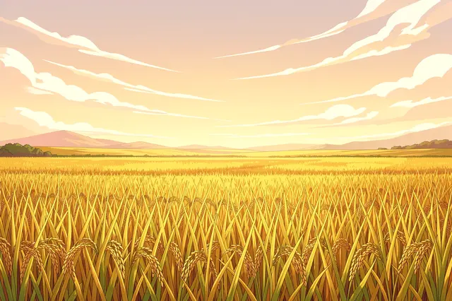 Anime-style illustration of ripe golden rice fields stretching under a soft pale autumn sky with wispy clouds.