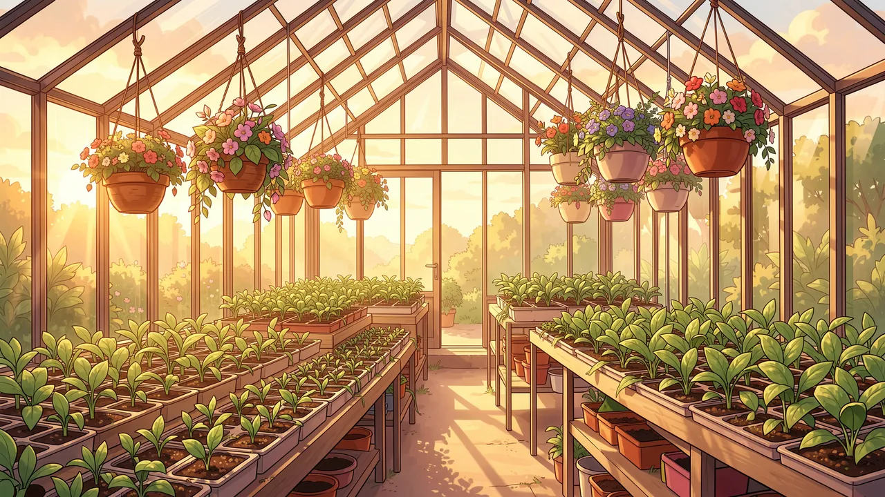 Sunlit anime-style greenhouse lined with seedling trays and hanging flower baskets at golden hour