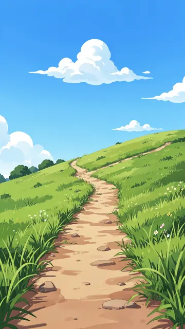 A dirt hiking path winds up a grassy green hill under a bright blue sky with fluffy white clouds