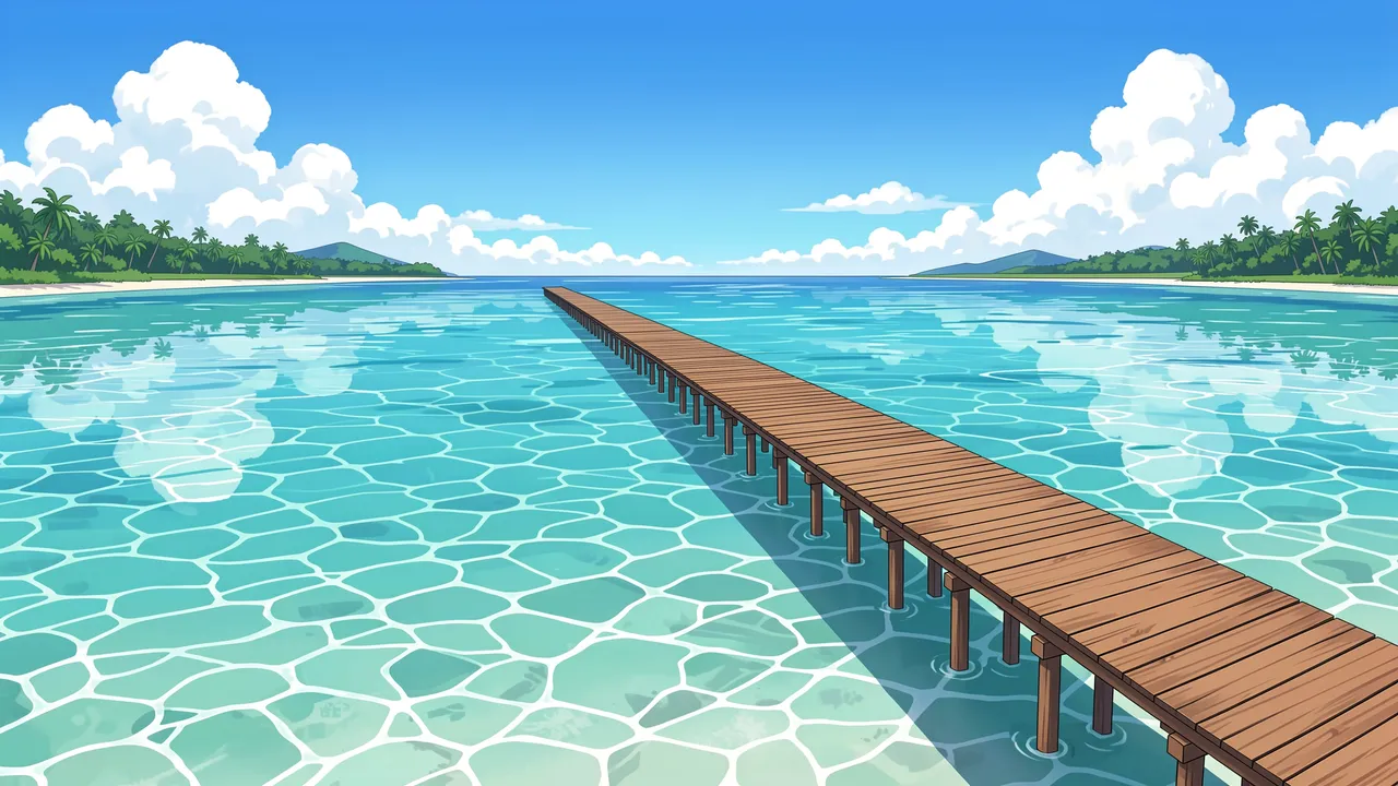 A long wooden pier stretches across clear turquoise lagoon water under a bright noon sky lined with tropical shorelines