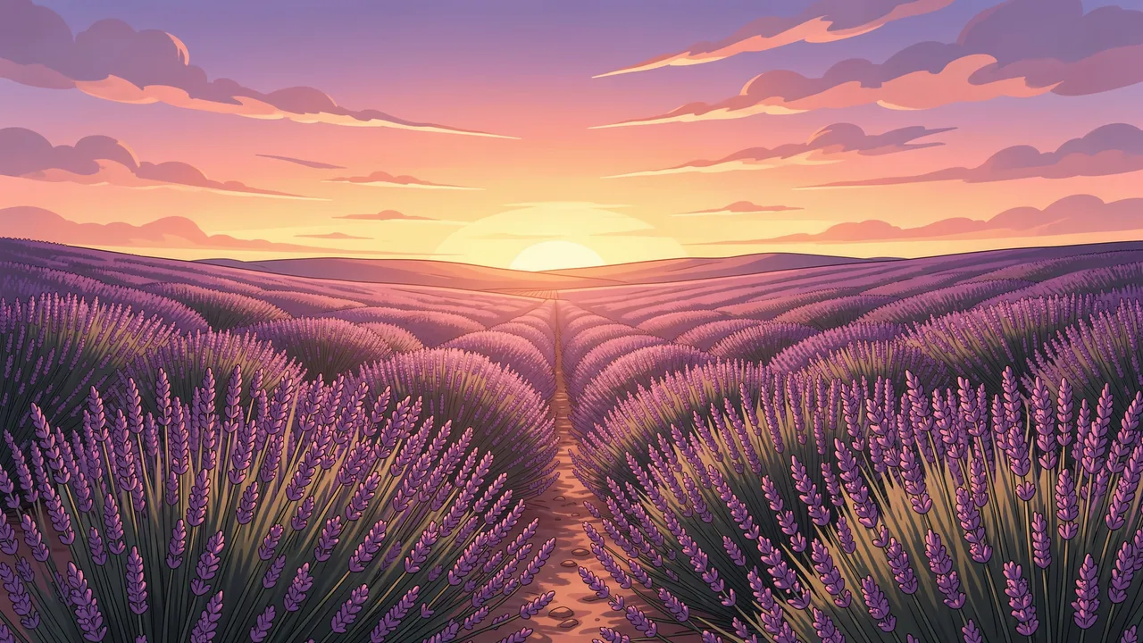 A dirt path leads through rolling lavender rows toward a glowing sunset over distant hills in anime illustration style.